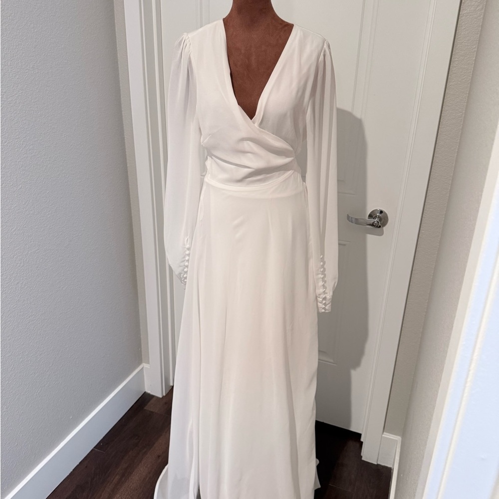 Lulus White Long Sleeve Wrap Maxi Dress – Bridal Wedding Elopement Gown Size L - Picture 8 of 14